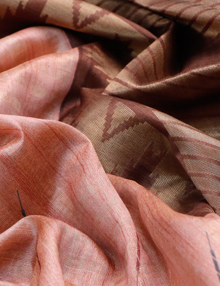 Semi tussar saree peach shade and brown with allover geometric zari weaves & ikat butta prints and temple design border