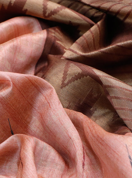 Semi tussar saree peach shade and brown with allover geometric zari weaves & ikat butta prints and temple design border