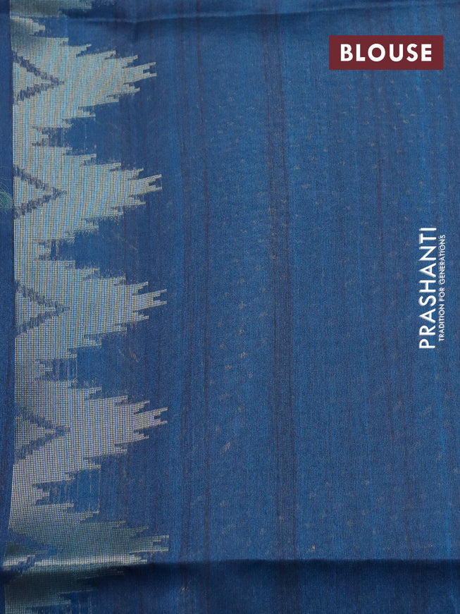 Semi tussar saree grey and peacock blue with allover geometric zari weaves & ikat butta prints and temple design border