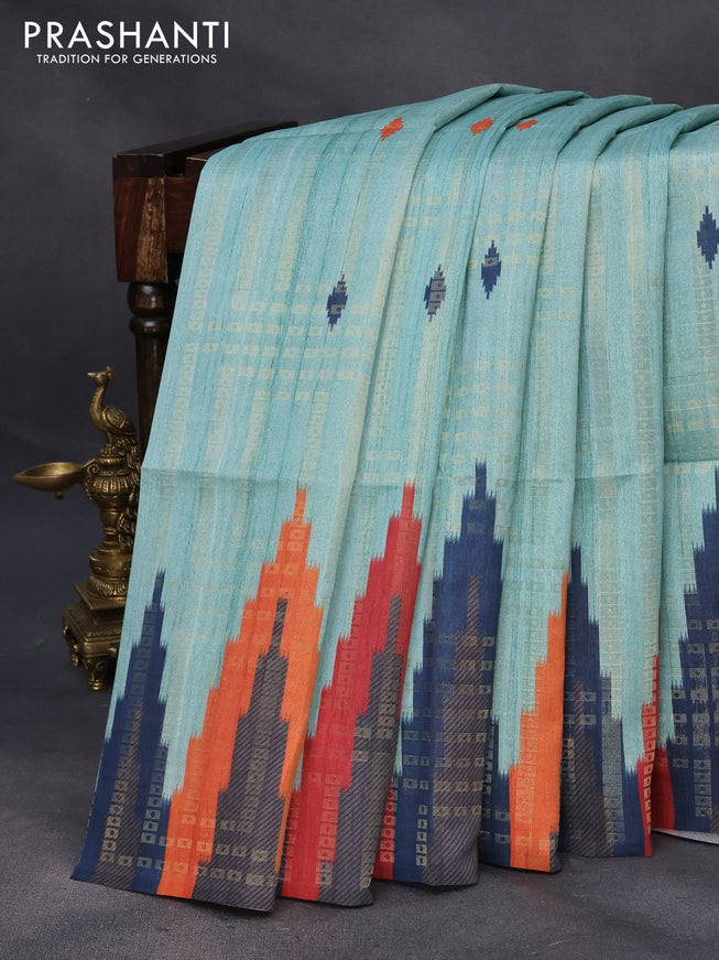 Semi tussar saree teal blue and teal green with allover geometric zari weaves & ikat butta prints and temple design border