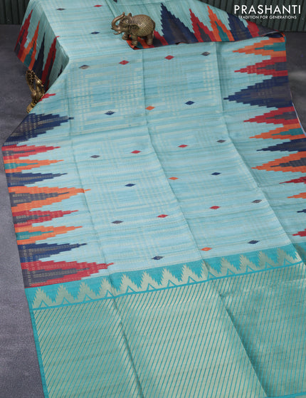 Semi tussar saree teal blue and teal green with allover geometric zari weaves & ikat butta prints and temple design border