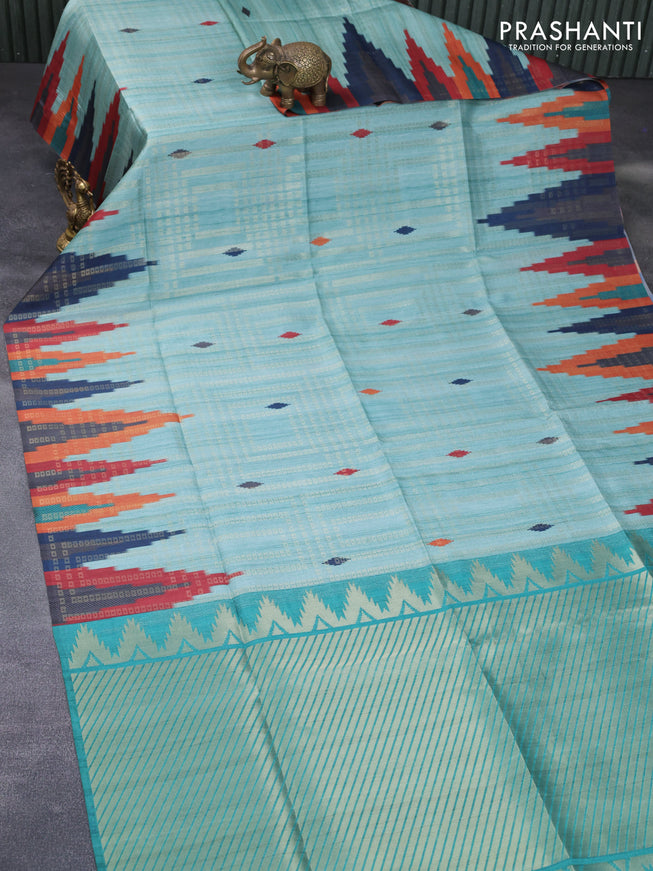 Semi tussar saree teal blue and teal green with allover geometric zari weaves & ikat butta prints and temple design border