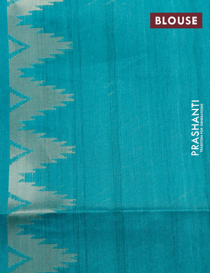 Semi tussar saree teal blue and teal green with allover geometric zari weaves & ikat butta prints and temple design border