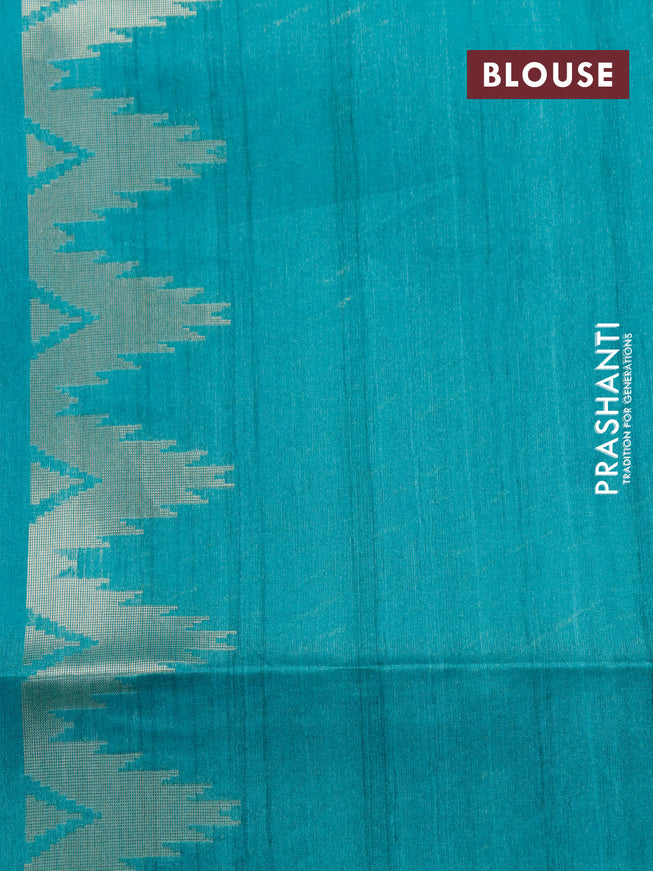 Semi tussar saree teal blue and teal green with allover geometric zari weaves & ikat butta prints and temple design border