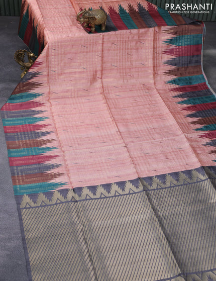 Semi tussar saree peach shade and grey with allover geometric zari weaves & ikat butta prints and temple design border