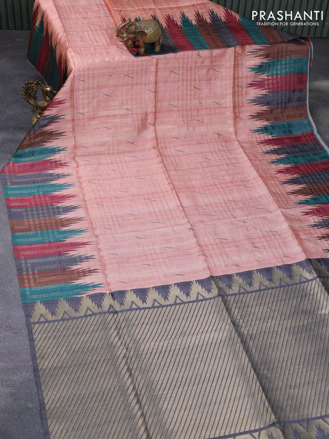 Semi tussar saree peach shade and grey with allover geometric zari weaves & ikat butta prints and temple design border