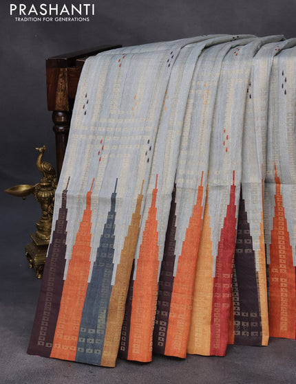 Semi tussar saree grey and multi colour with allover geometric zari weaves & ikat butta prints and temple design border