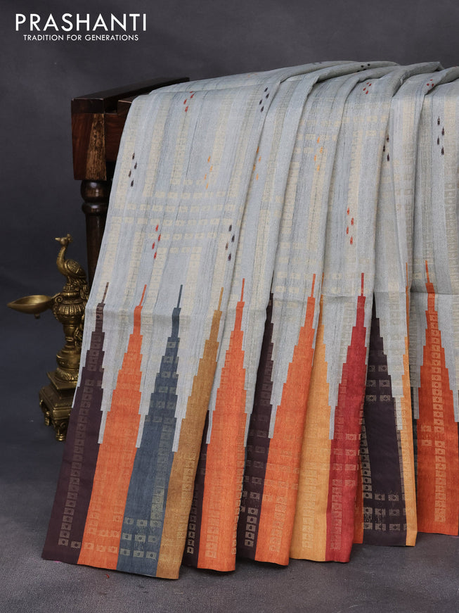 Semi tussar saree grey and multi colour with allover geometric zari weaves & ikat butta prints and temple design border