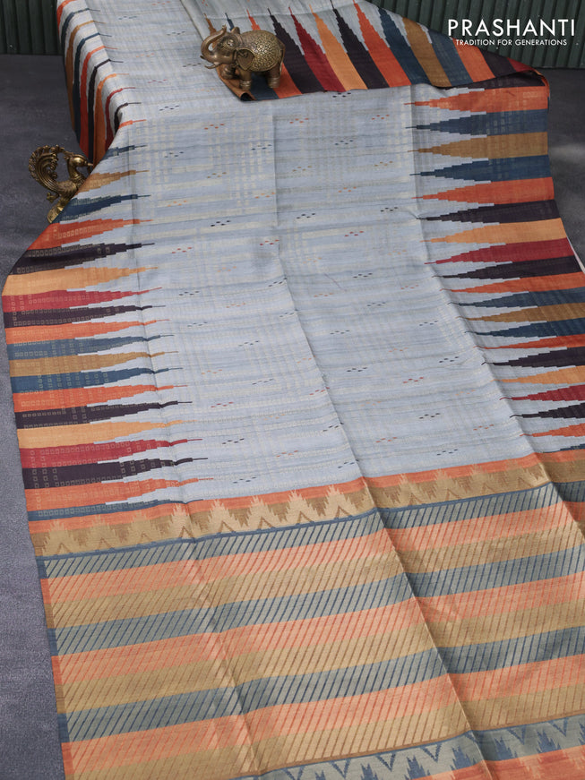 Semi tussar saree grey and multi colour with allover geometric zari weaves & ikat butta prints and temple design border