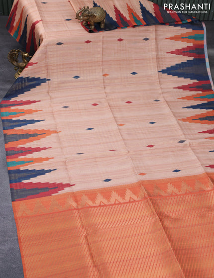 Semi tussar saree mild peach and orange with allover geometric zari weaves & ikat butta prints and temple design border