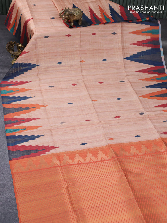 Semi tussar saree mild peach and orange with allover geometric zari weaves & ikat butta prints and temple design border