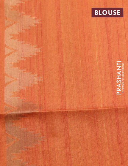 Semi tussar saree mild peach and orange with allover geometric zari weaves & ikat butta prints and temple design border