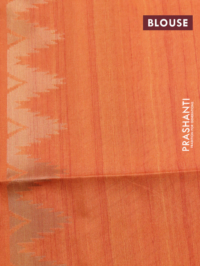 Semi tussar saree mild peach and orange with allover geometric zari weaves & ikat butta prints and temple design border