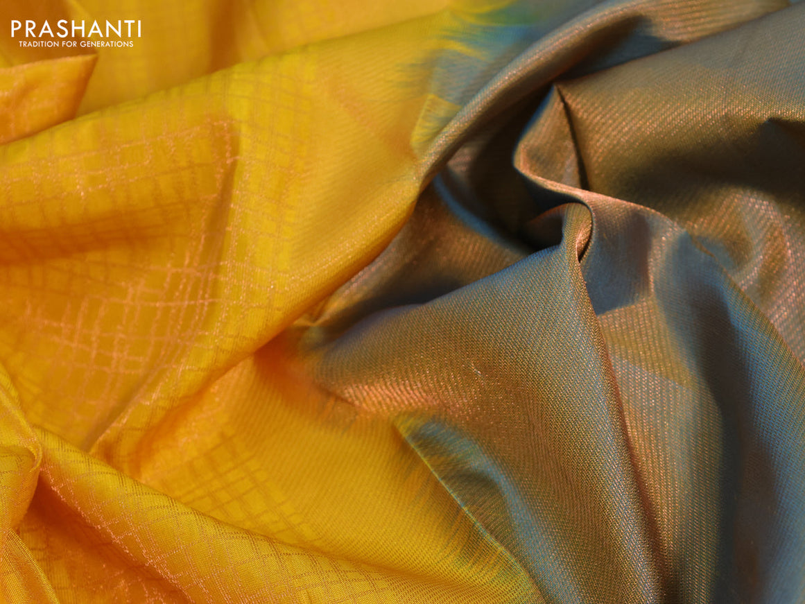 Pure kanchipuram silk saree mustard yellow and dual shade of teal blue with allover copper zari checked pattern and copper zari woven border