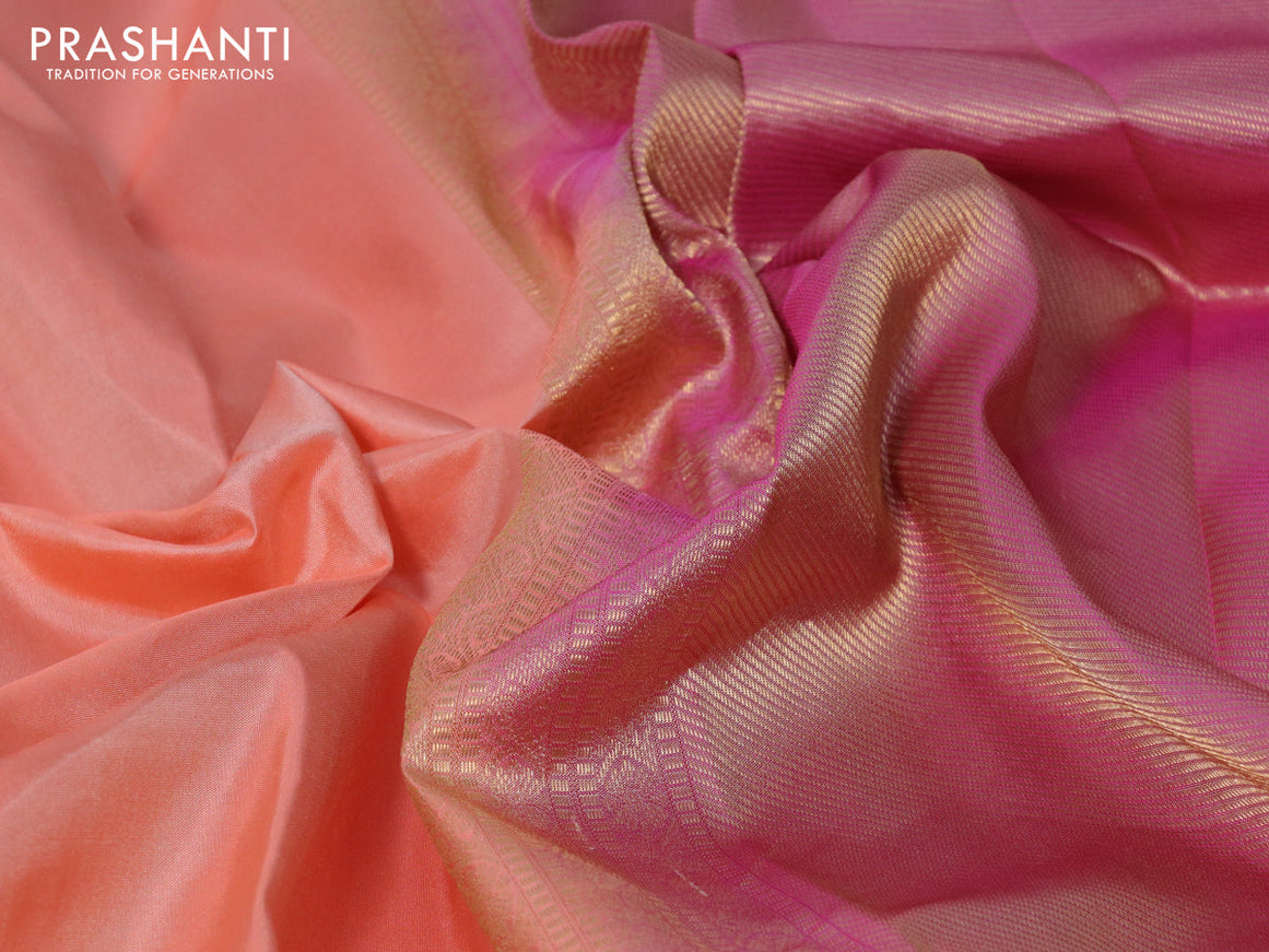 Pure kanchipuram silk saree peach orange and dual shade of pink with plain body and long zari woven border