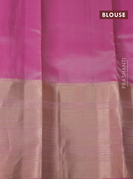 Pure kanchipuram silk saree peach orange and dual shade of pink with plain body and long zari woven border