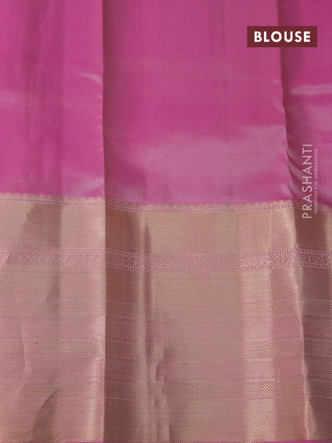 Pure kanchipuram silk saree peach orange and dual shade of pink with plain body and long zari woven border