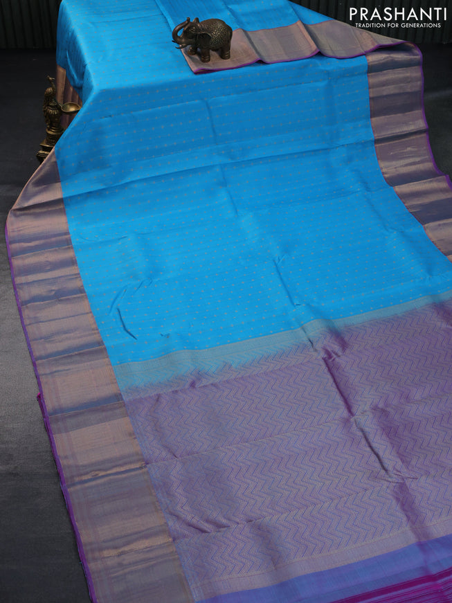 Pure kanchipuram silk saree light blue and dual shade of purple with allover zari weaves and rich zari woven border