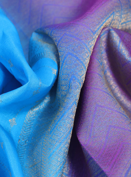 Pure kanchipuram silk saree light blue and dual shade of purple with allover zari weaves and rich zari woven border