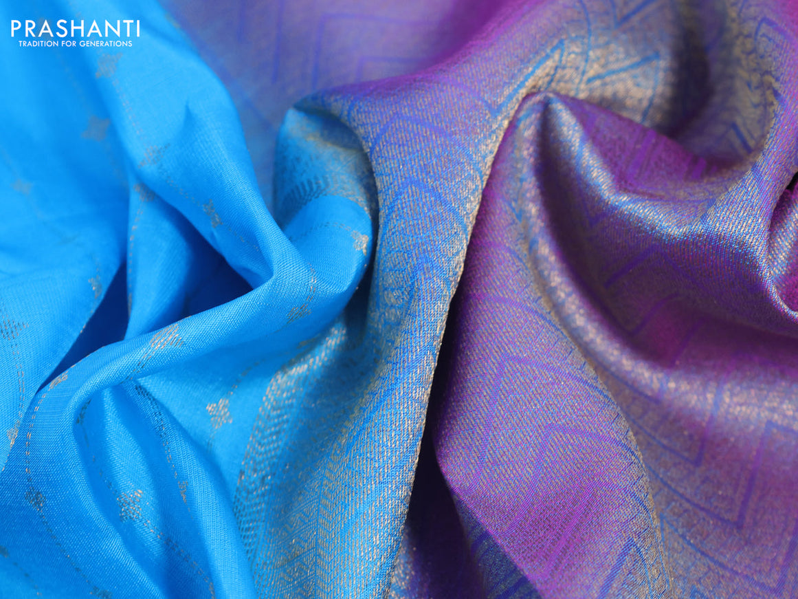 Pure kanchipuram silk saree light blue and dual shade of purple with allover zari weaves and rich zari woven border