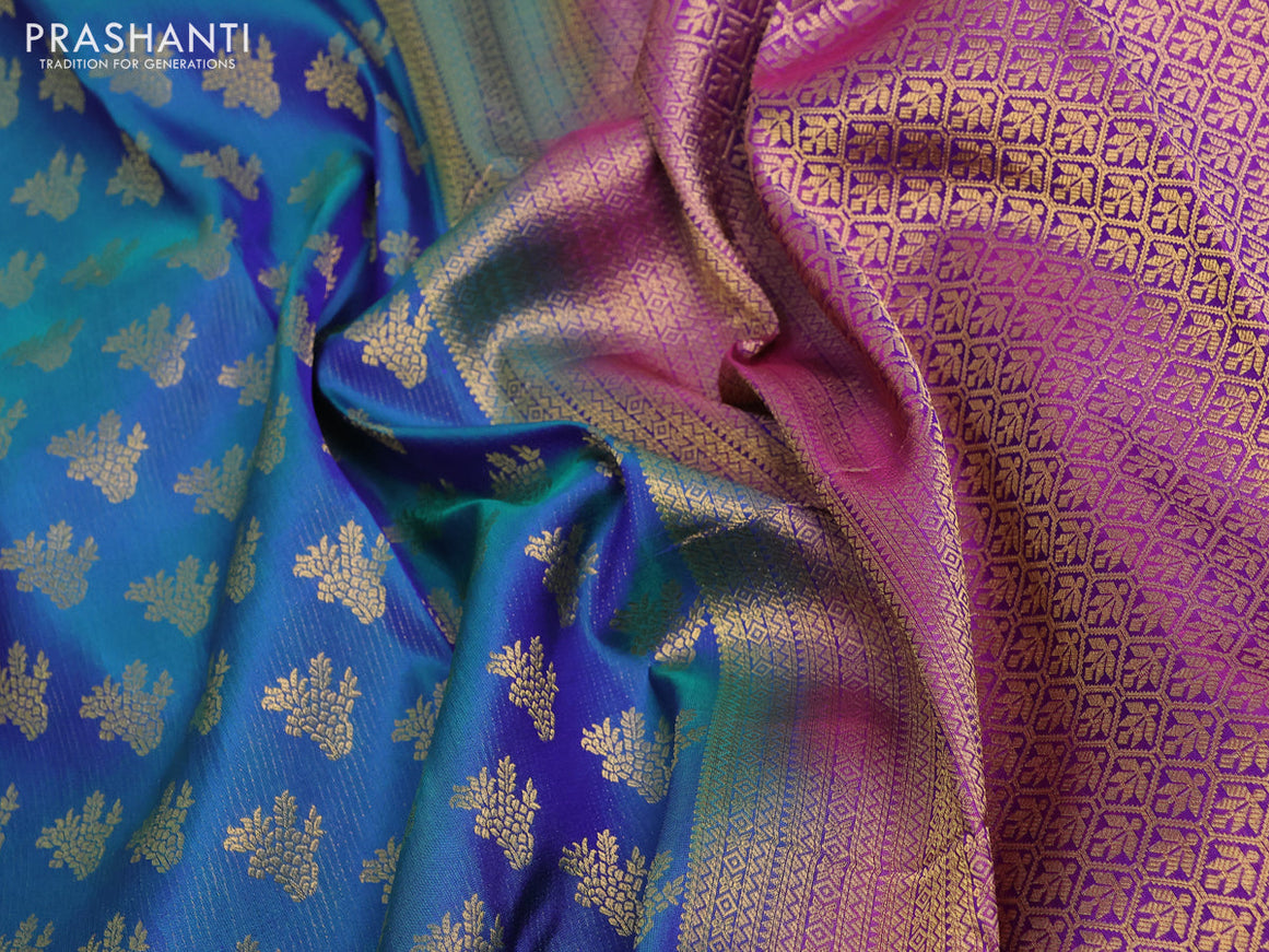 Pure kanchipuram silk saree dual shade of bluish green and dual shade of purple with allover zari woven buttas weaves and rich zari woven border