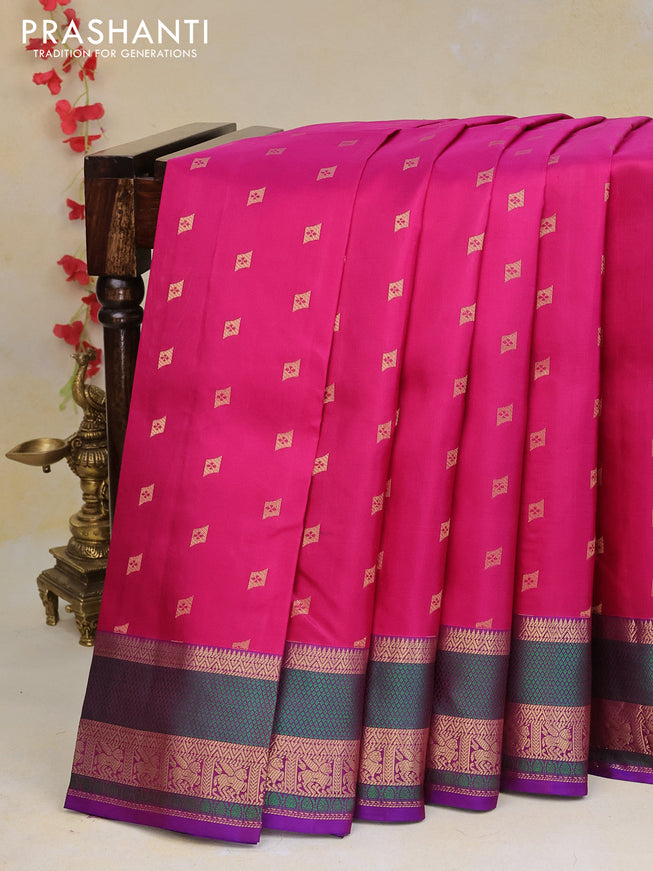 Pure kanchipuram silk saree magenta pink and dual shade of purple with zari woven geometric buttas and rich zari woven border