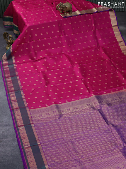 Pure kanchipuram silk saree magenta pink and dual shade of purple with zari woven geometric buttas and rich zari woven border