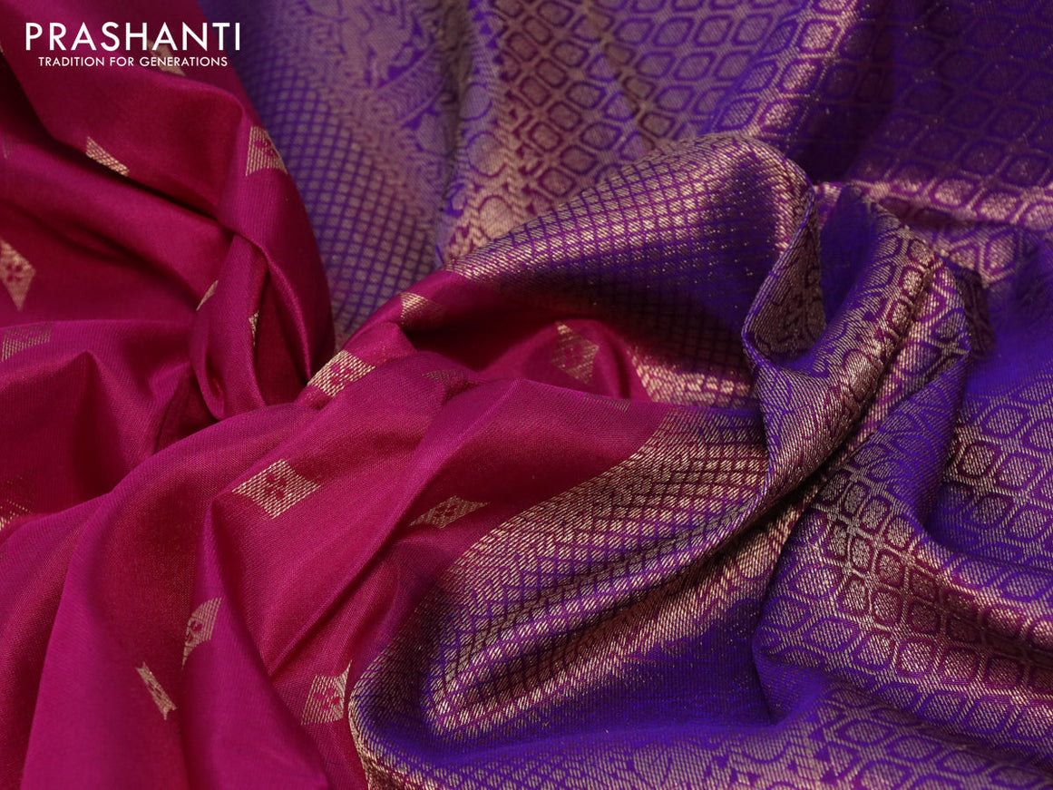 Pure kanchipuram silk saree magenta pink and dual shade of purple with zari woven geometric buttas and rich zari woven border