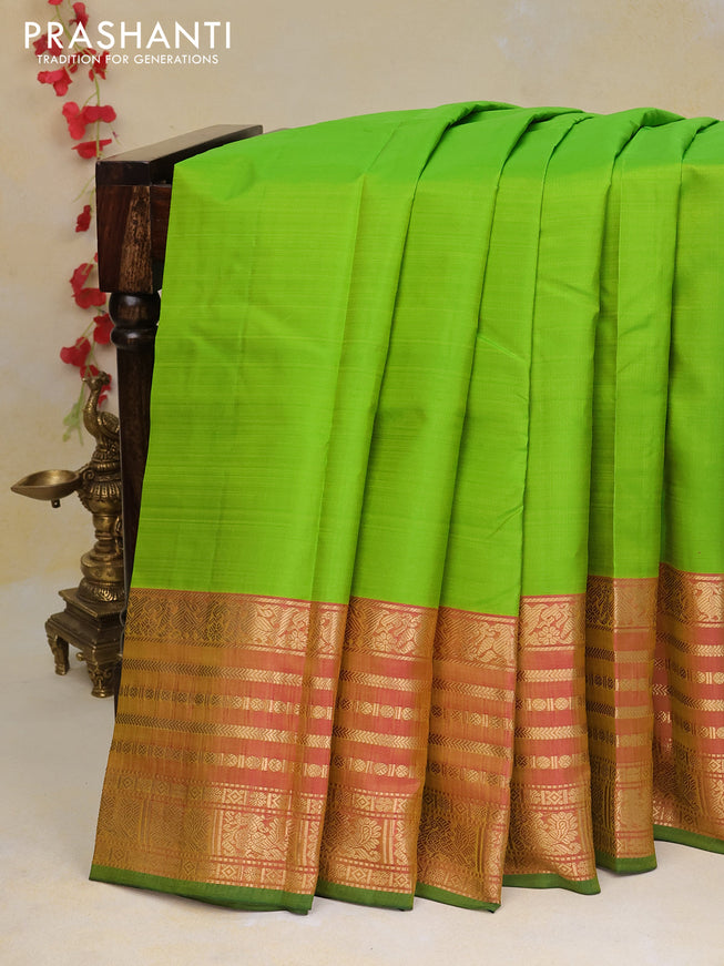 Pure kanchipuram silk saree light green and dual shade of pink with plain body and rich zari woven annam border