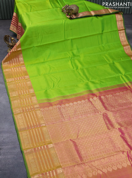 Pure kanchipuram silk saree light green and dual shade of pink with plain body and rich zari woven annam border