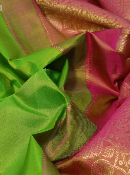 Pure kanchipuram silk saree light green and dual shade of pink with plain body and rich zari woven annam border