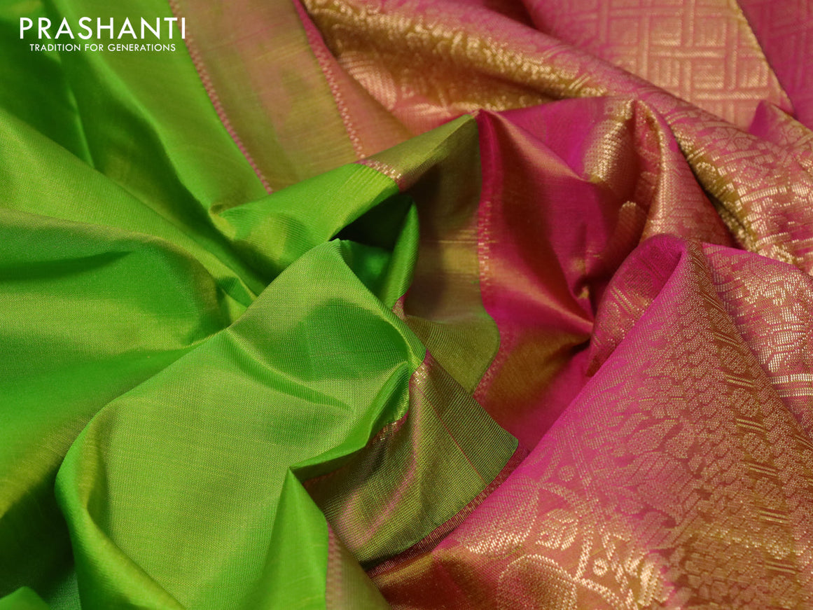 Pure kanchipuram silk saree light green and dual shade of pink with plain body and rich zari woven annam border