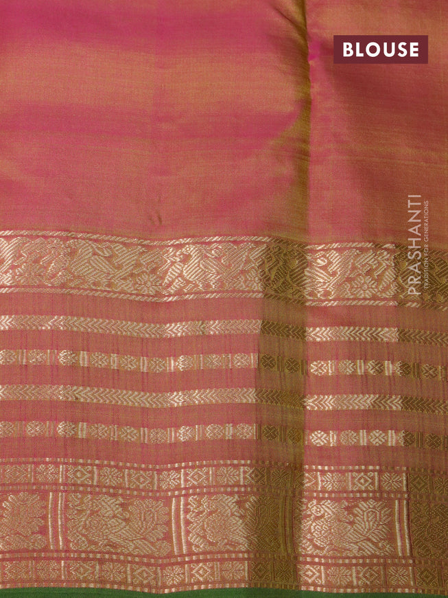 Pure kanchipuram silk saree light green and dual shade of pink with plain body and rich zari woven annam border