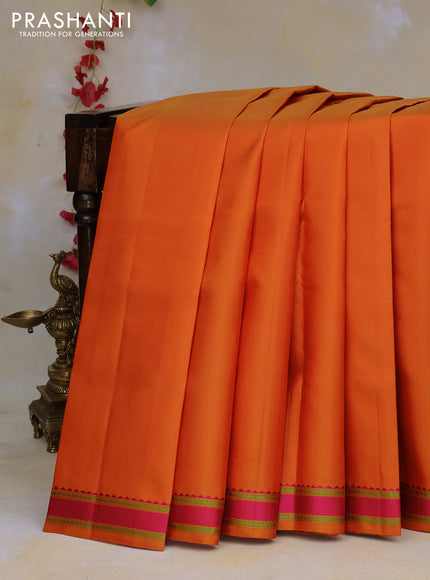 Pure kanchipuram silk saree orange with plain body and thread woven border