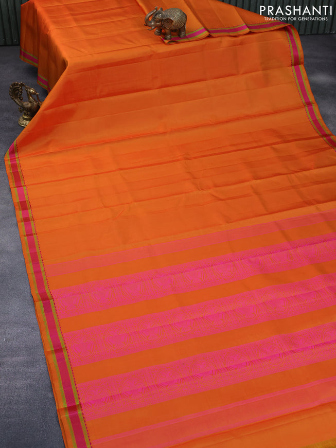 Pure kanchipuram silk saree orange with plain body and thread woven border