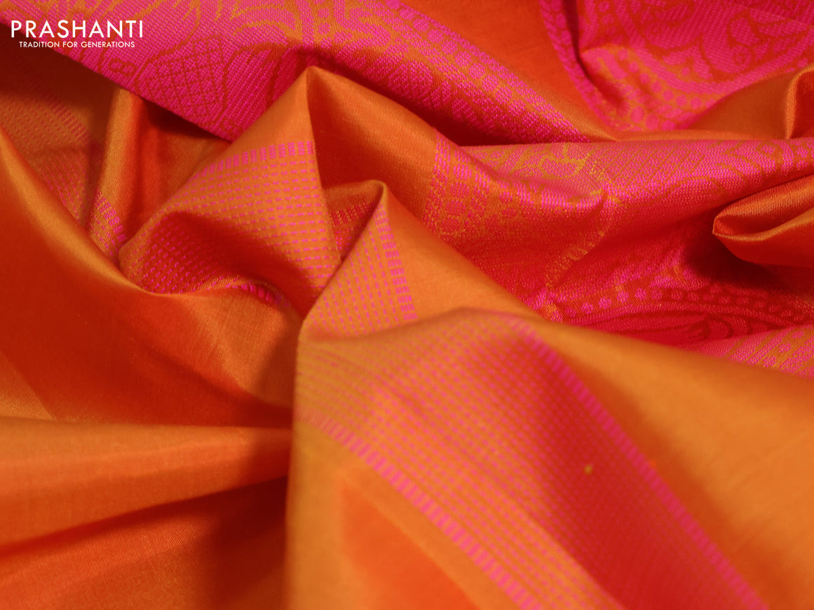 Pure kanchipuram silk saree orange with plain body and thread woven border