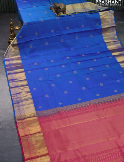 Pure kanchipuram silk saree dual shade of blue and pink with zari woven buttas and zari woven border