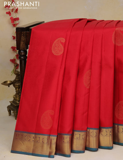 Pure kanchipuram silk saree red and teal green with allover self emboss & zari buttas and zari woven border