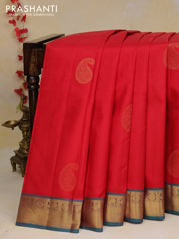 Pure kanchipuram silk saree red and teal green with allover self emboss & zari buttas and zari woven border