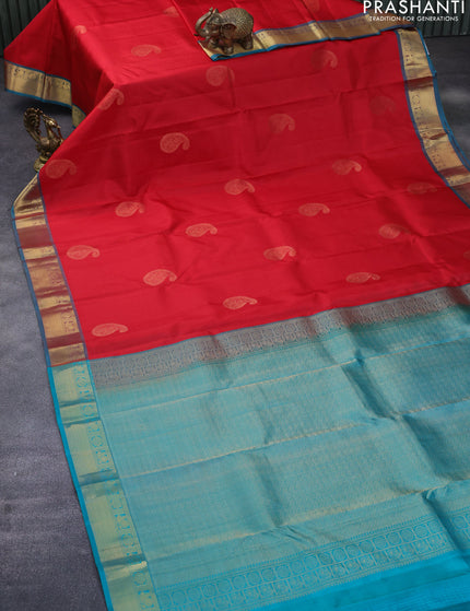 Pure kanchipuram silk saree red and teal green with allover self emboss & zari buttas and zari woven border