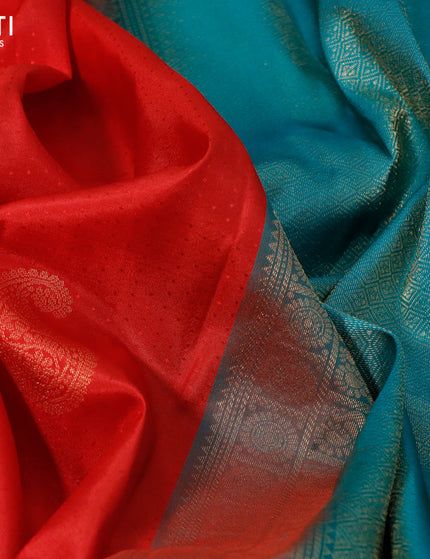 Pure kanchipuram silk saree red and teal green with allover self emboss & zari buttas and zari woven border