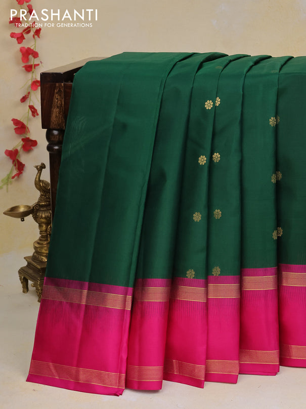 Pure kanchipuram silk saree dark green and pink with zari woven buttas and rettapet zari woven border