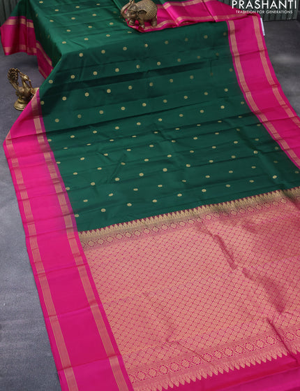 Pure kanchipuram silk saree dark green and pink with zari woven buttas and rettapet zari woven border