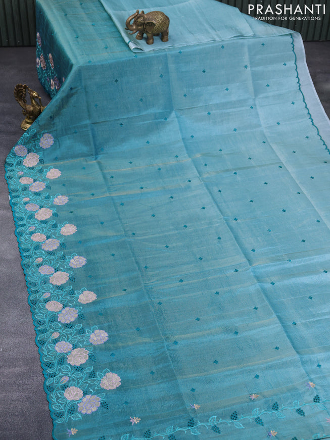 Crush tissue saree teal blue with embroidery work buttas and floral embroidery cut work border