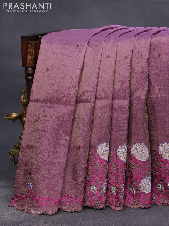 Crush tissue saree mauve pink and wine shade with embroidery work buttas and floral embroidery cut work border