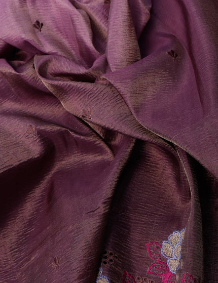 Crush tissue saree mauve pink and wine shade with embroidery work buttas and floral embroidery cut work border