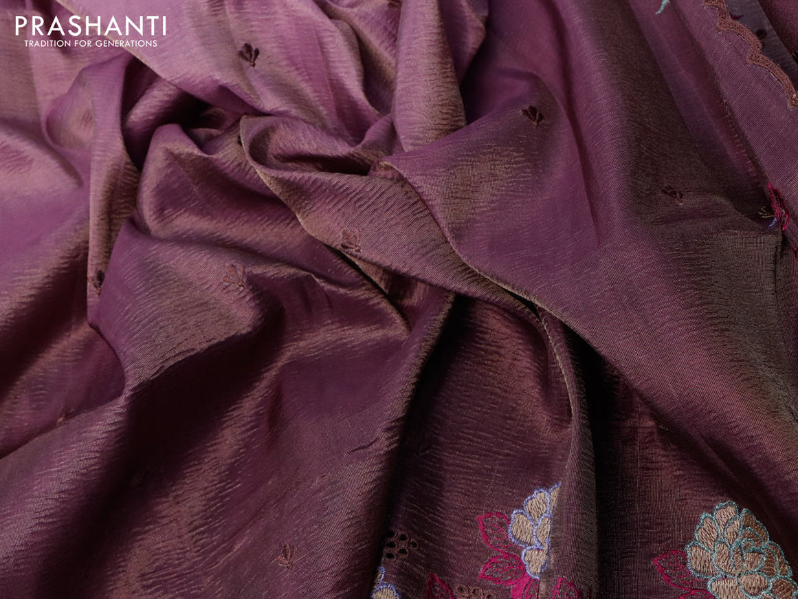 Crush tissue saree mauve pink and wine shade with embroidery work buttas and floral embroidery cut work border