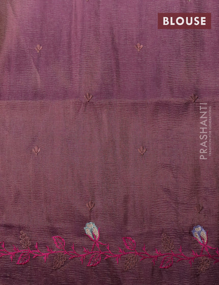 Crush tissue saree mauve pink and wine shade with embroidery work buttas and floral embroidery cut work border