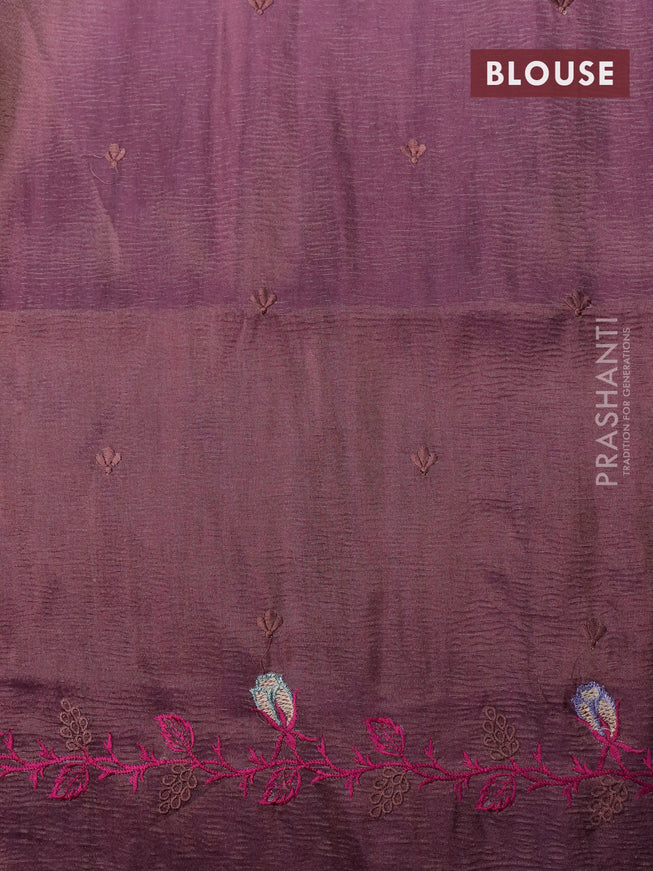 Crush tissue saree mauve pink and wine shade with embroidery work buttas and floral embroidery cut work border