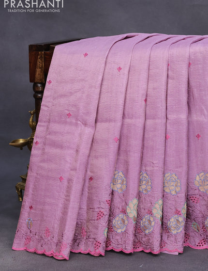 Crush tissue saree mauve pink with embroidery work buttas and floral embroidery cut work border